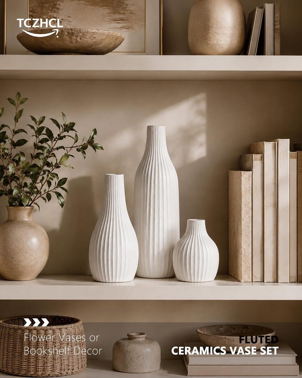 Minimal Line White Ceramic Vase Set of 3 - Modern Nordic Boho Decorative Vases for Home Table Decor, Shelf, Entryway, Coffee Table, Dining Table Centerpiece, Fireplace Mantel - Matte White