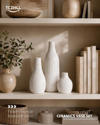 Minimal Line White Ceramic Vase Set of 3 - Modern Nordic Boho Decorative Vases for Home Table Decor, Shelf, Entryway, Coffee Table, Dining Table Centerpiece, Fireplace Mantel - Matte White