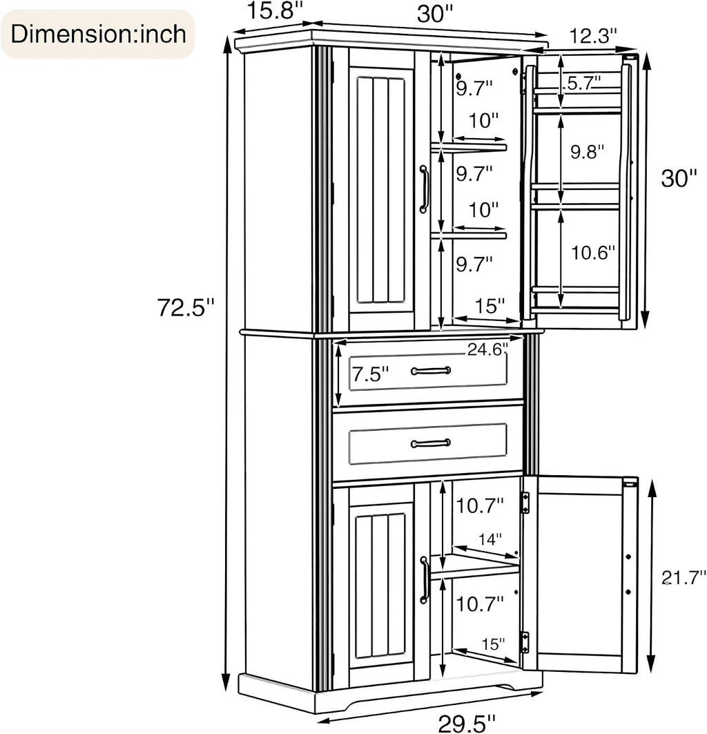 73 Inch Bathroom Storage Cabinet with Door Shelves, White | White MDF, bathroom kitchen or dining room, door shelves, adjustable shelf, lower compartments, anti-tip devices, 72.5 in H