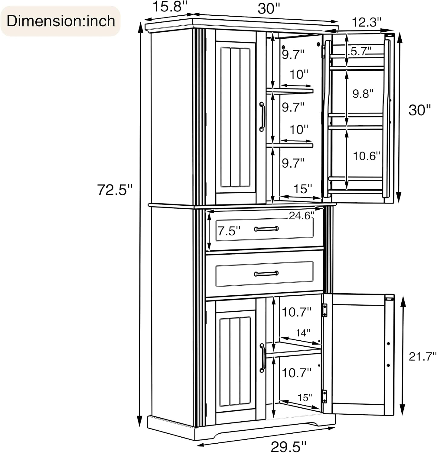 73 Inch Bathroom Storage Cabinet with Door Shelves, White | White MDF, bathroom kitchen or dining room, door shelves, adjustable shelf, lower compartments, anti-tip devices, 72.5 in H