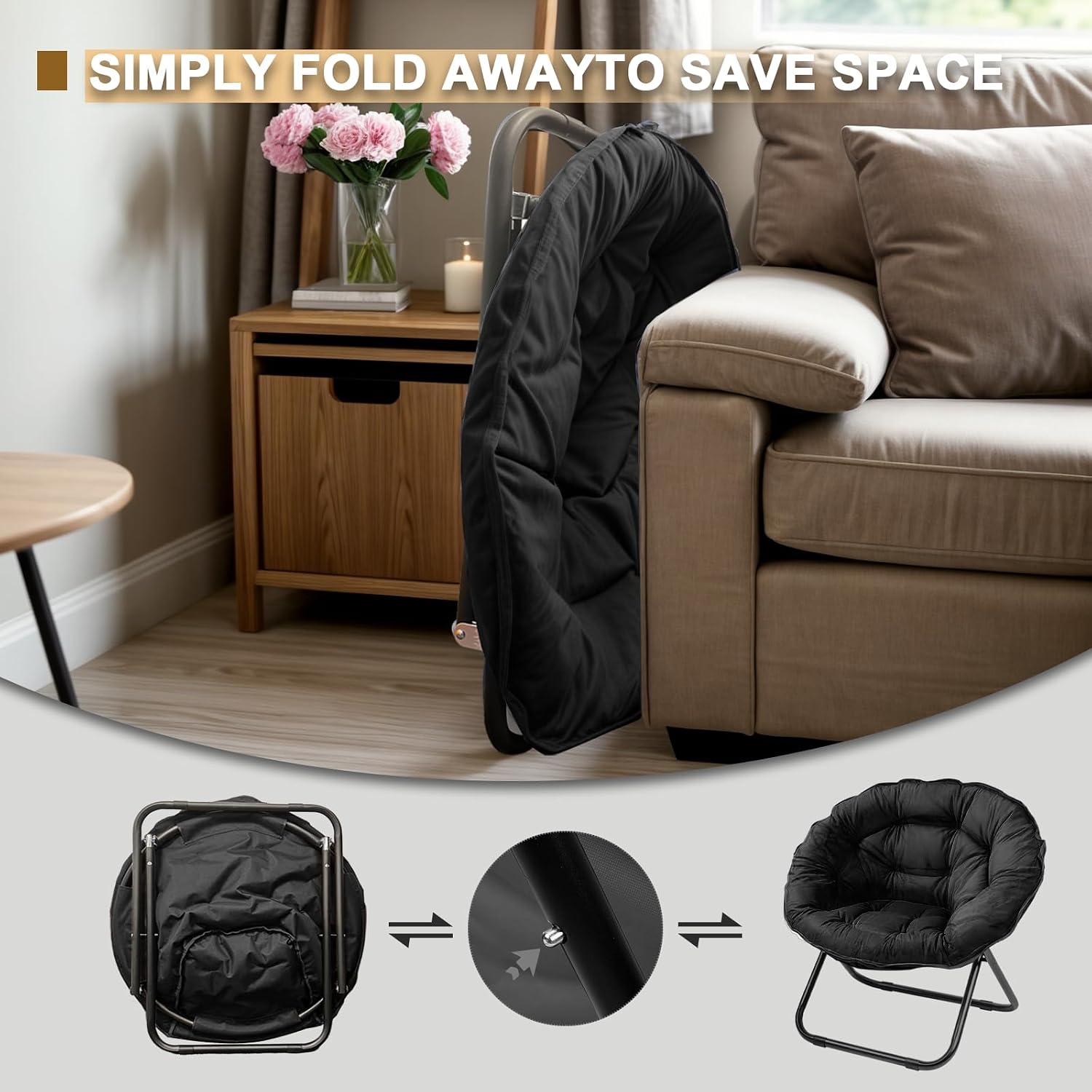 Grezone Folding Saucer Chair, Oversized Lazy Moon Chair with Metal Frame, Comfy Bedroom Chairs for Bedroom, Living Room, Study Black JC