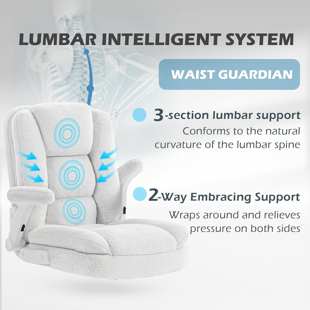SEATZONE White Plush Office Chair Ergonomic Desk Chair with Lumbar Support, Flip-Up Arms, Adjustable Swivel Computer Chair with Wheels, Soft Fleece Cute Office Chair for Home Bedroom Vanity