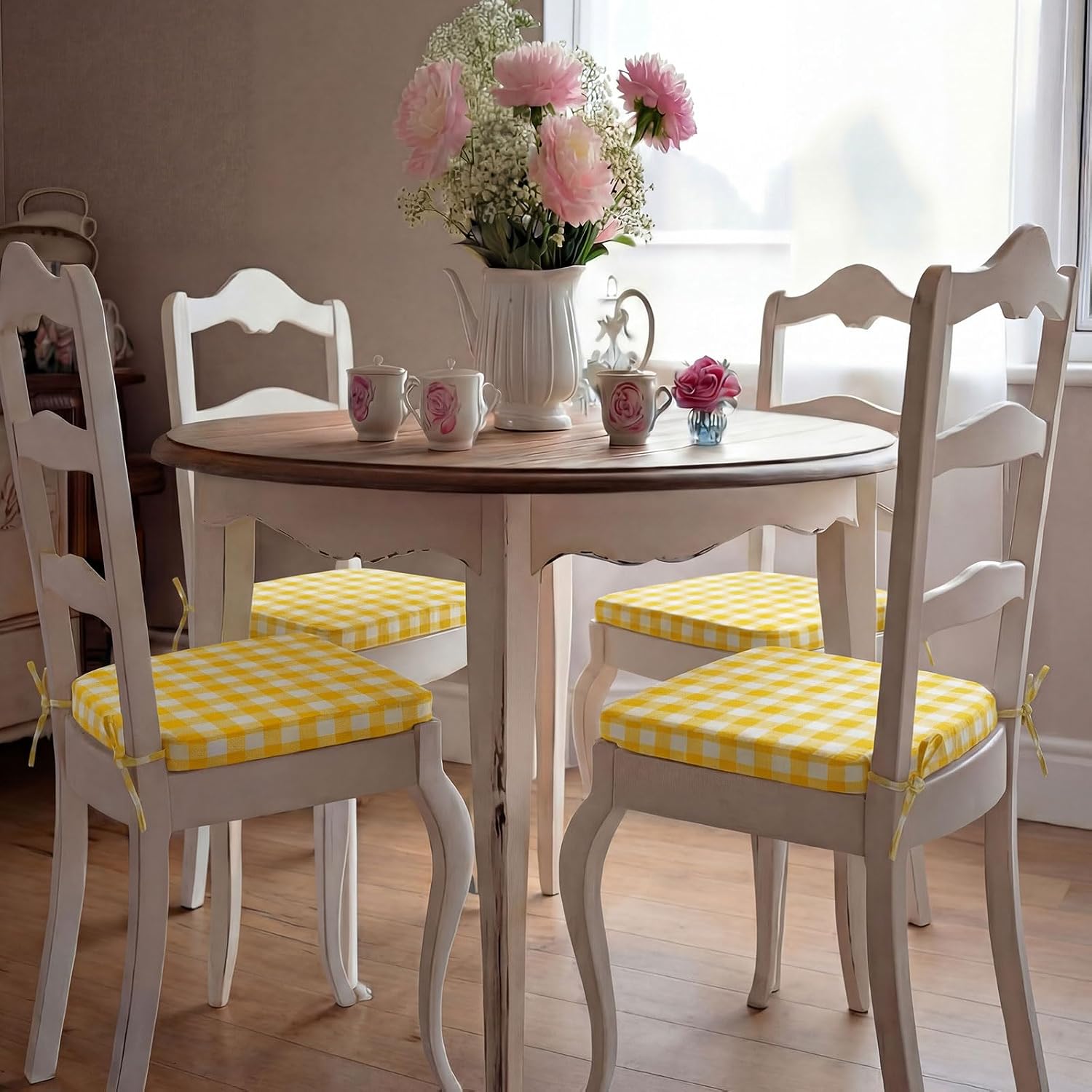 Geetery 4 Pcs Checkered Chair Cushion for Dining 17"x16"x2" Thick Buffalo Plaid Non-Slip Chair Pad with Tie and Removable Cover for Home Outdoor Patio Indoor Seat Cushion (Buffalo Gingham,Yellow)