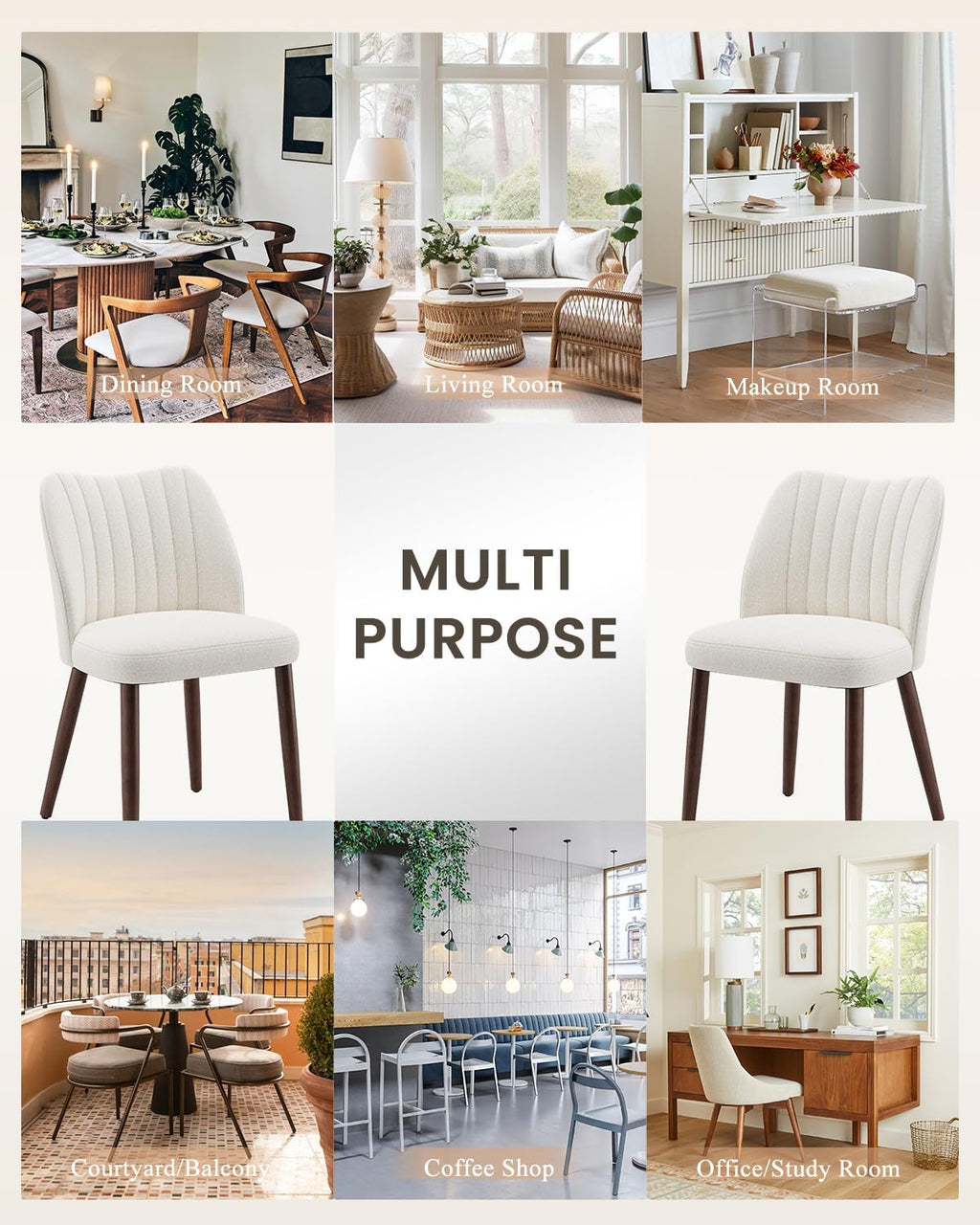 Upholstered Dining Chairs Set of 2, Modern Fabric Dining Chairs with Curved Backrest & Solid Rubber Wood Legs, Padded Kitchen Dining Room Chairs for Restaurant Cafe, Beige