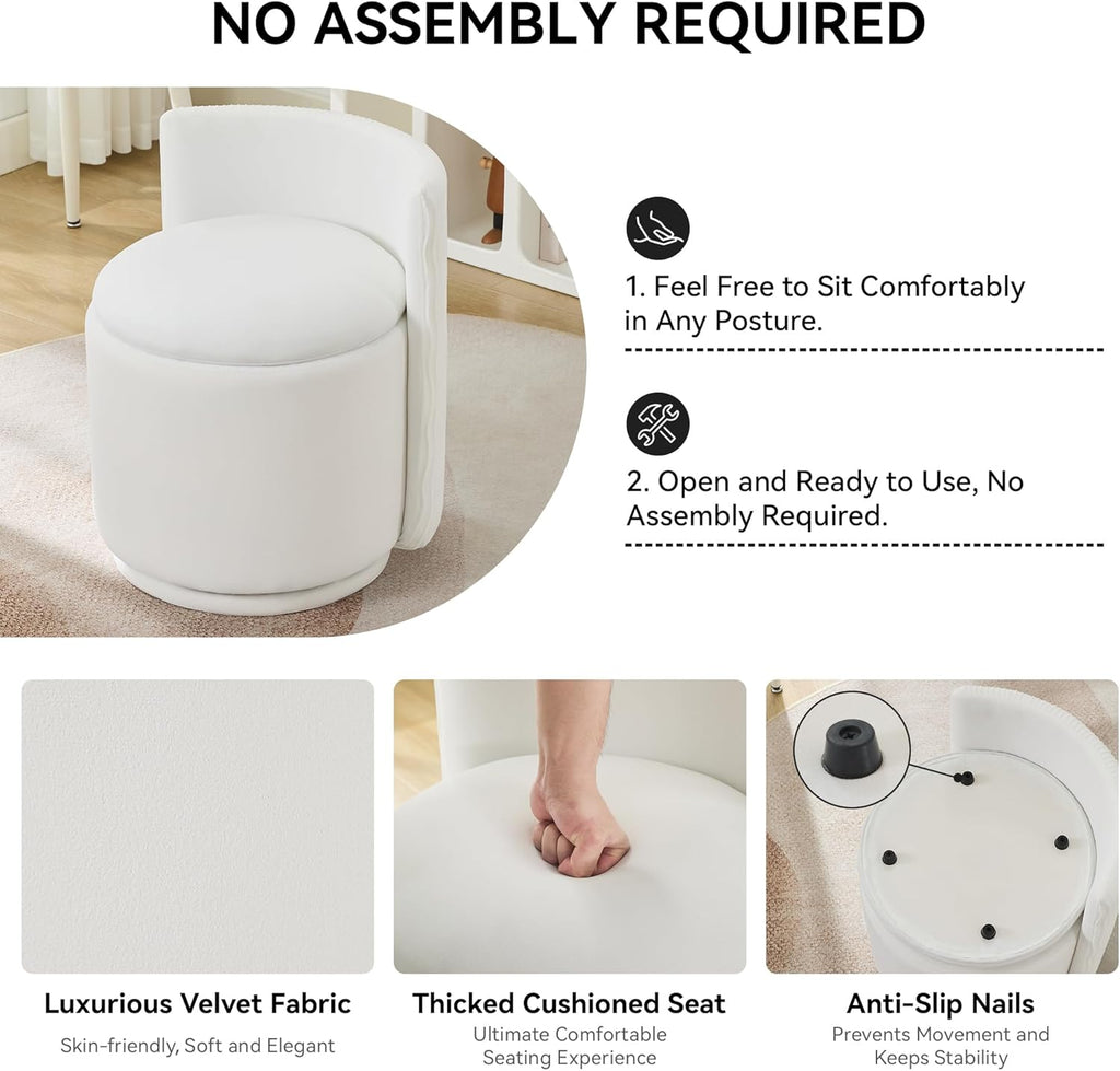 WUTUTUEE Velvet Vanity Chair with Storage, 360° Swivel Makeup Chair with Wave Back, No Assembly Small Accent Stool for Bedroom, Dressing, Living Room, White