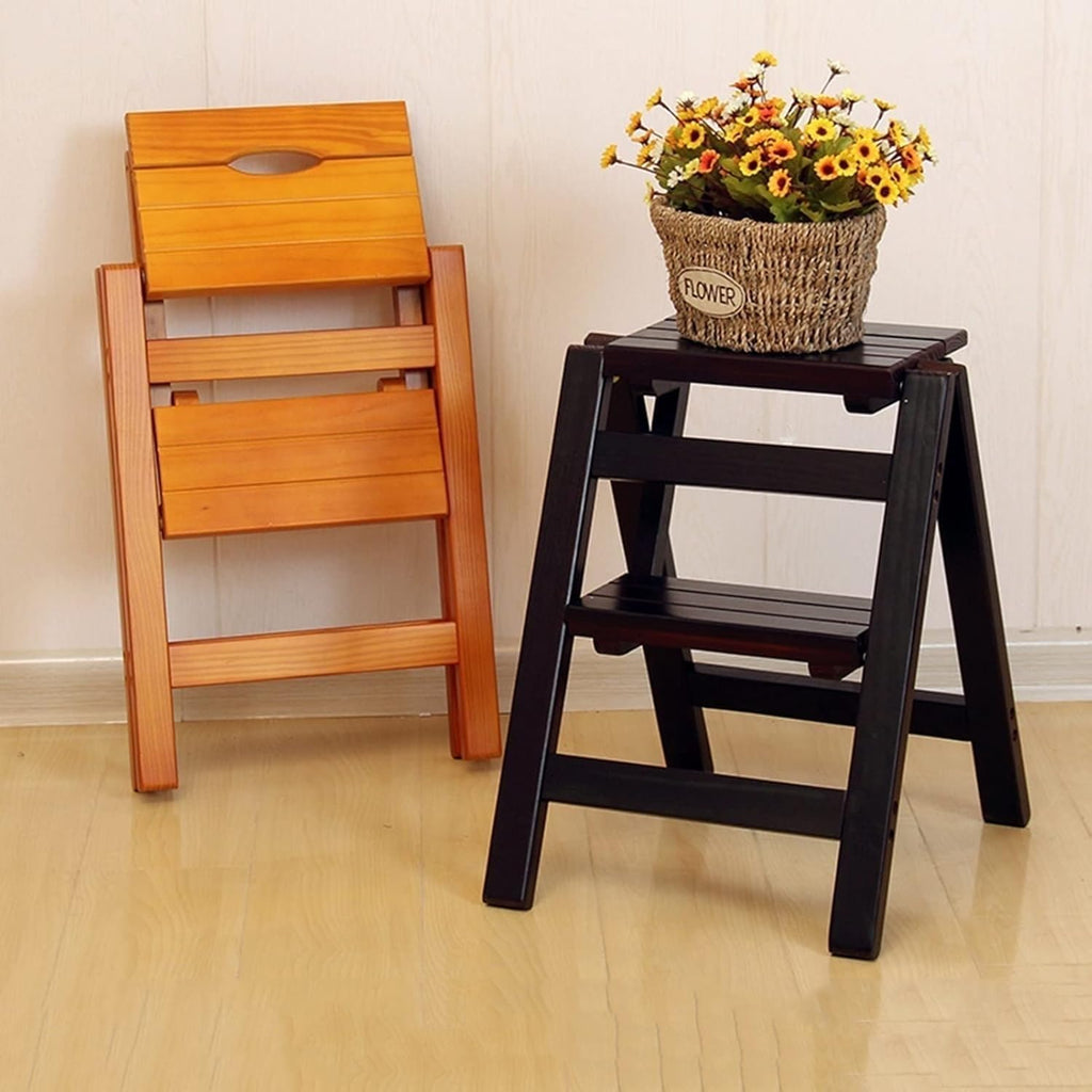 Foldable Wooden Step Stool 2 Steps Ladder Chair Antislip Stairs Folding Shelf Multifunction Shoe Bench Flower(A)