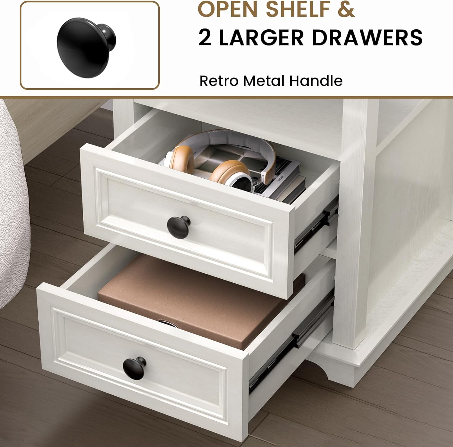 End Table with USB C Charging Station, 18" Wide Side Table with 2 Drawers, Farmhouse Nightstand, Space-Saving Table for Living Room, Bedroom, Office (1, Rustic White)