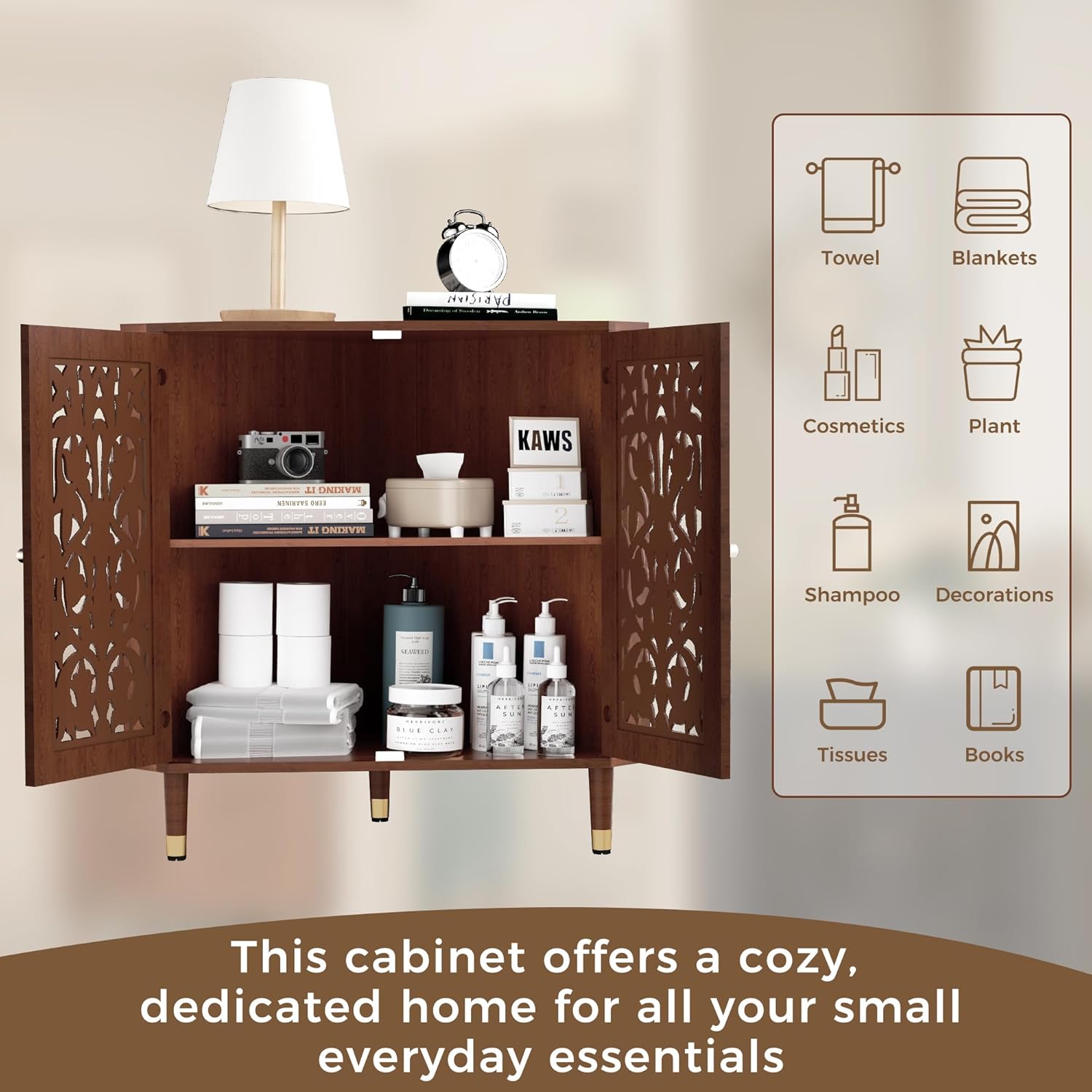 3More 2-Door Retro Accent Corner Cabinet, Hollow Carved Doors Storage Cabinet with Adjustable Shelf and Gold Aluminum Handles, Furniture for Living Room Dining Room Bathroom
