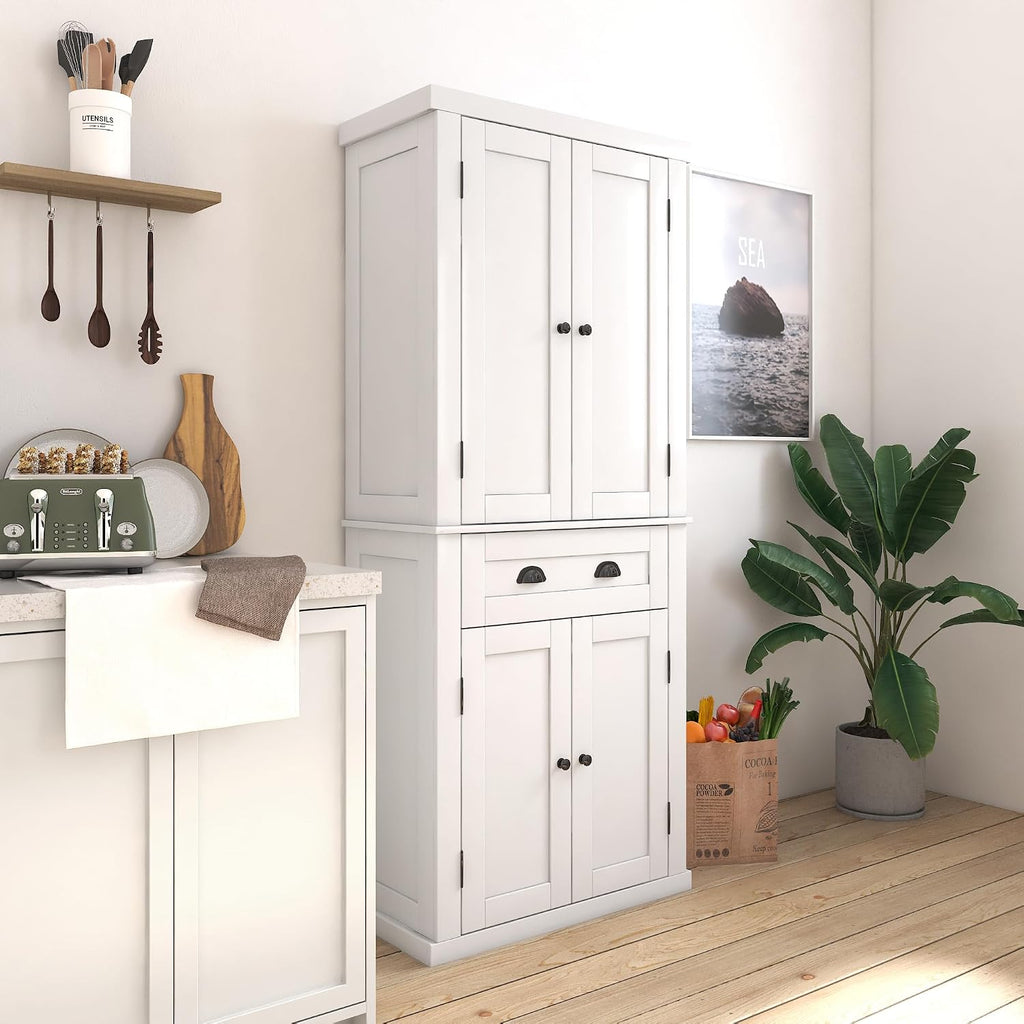 72" Kitchen Pantry Storage Cabinet, Traditional Freestanding Cupboard with 4 Doors and Adjustable Shelves, Large Central Drawer, White,15.75 * 30 * 72