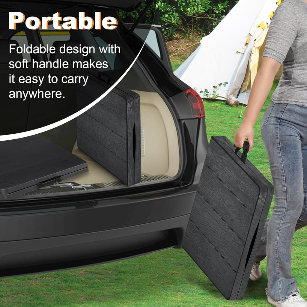 4ft Folding Table, Portable Fold-in-Half Adjustable Height Utility Table for Indoor/Outdoor Use, Durable HDPE & Steel, Stable & Lightweight, Multi-Purpose, Black Woodgrain