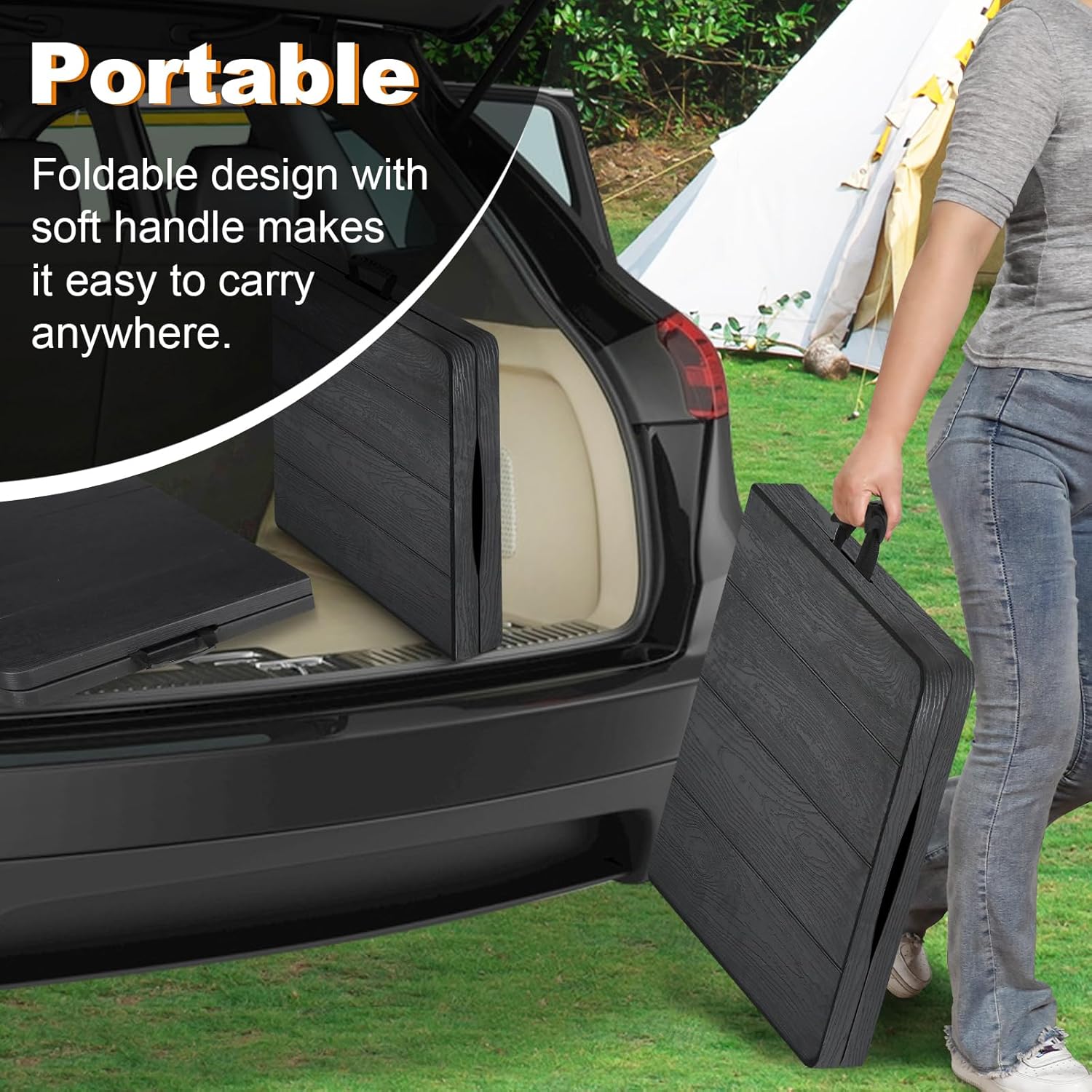 4ft Folding Table, Portable Fold-in-Half Adjustable Height Utility Table for Indoor/Outdoor Use, Durable HDPE & Steel, Stable & Lightweight, Multi-Purpose, Black Woodgrain