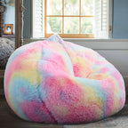 Fluffy Stuffed Animal Storage Bean Bag Chair Cover (No Filler), Faux Fur Comfy Bean Bag Cover for Organizing Plush Toys or Textile, for Adults Teens Kids Girls, Rainbow