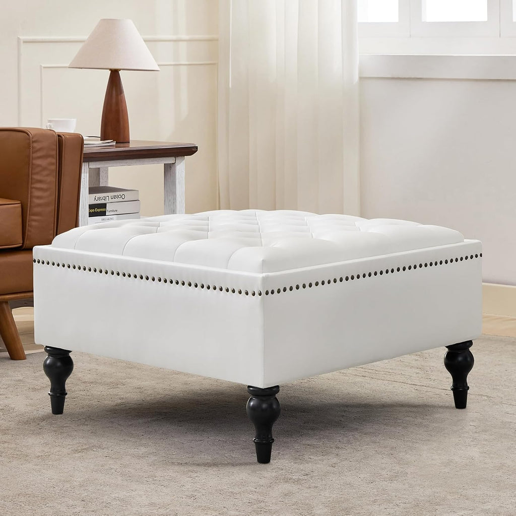 Storage Ottoman Coffee Table, Large Ottoman with Storage Oversized Square Footstool with Anti-Slip Embedded Lid, Tufted Upholstered Ottomans for Living Room, White Faux Leather