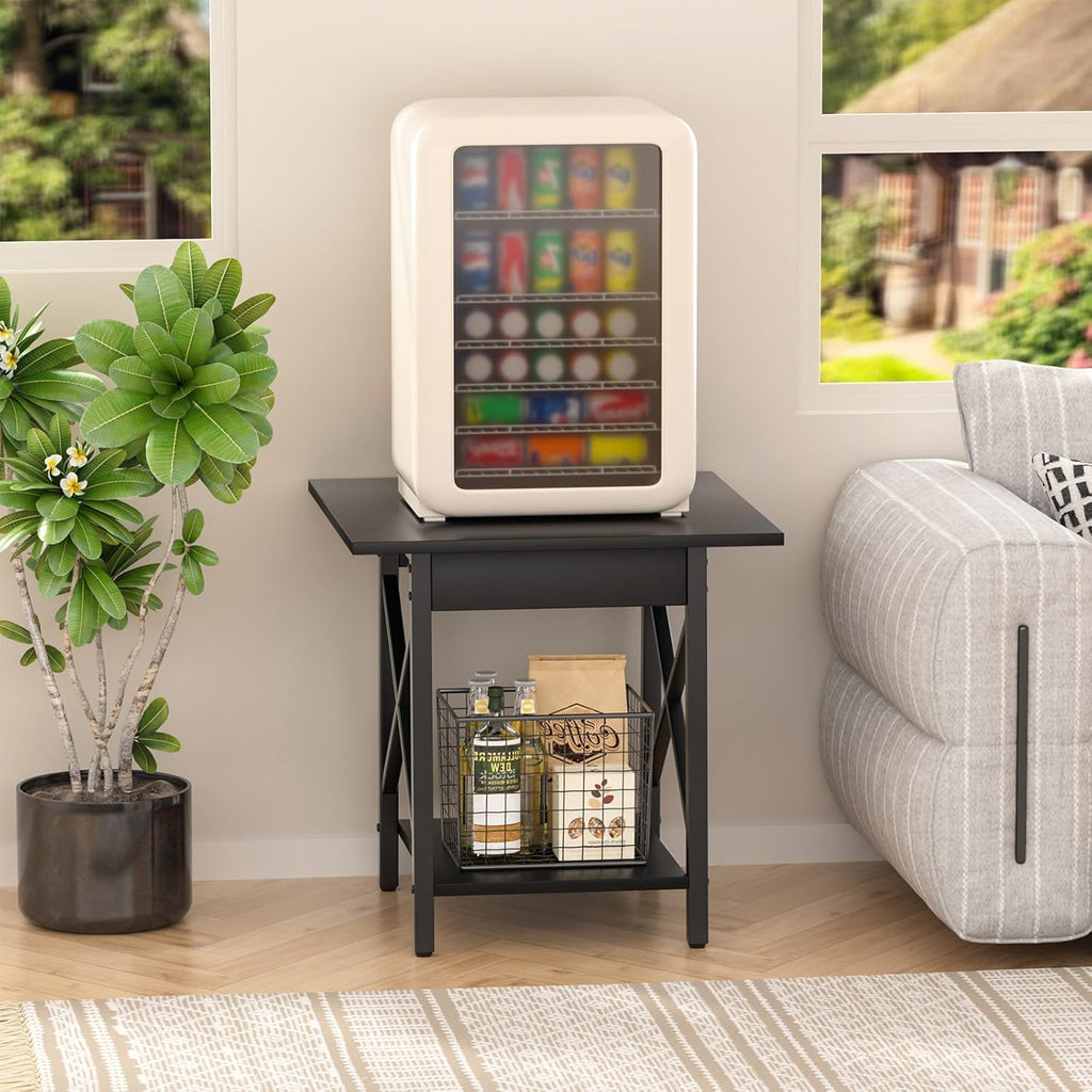 GreenForest Square End Table for Living Room, 20 Inch Large Side Table with X-Frame, Farmhouse Tall Bedside Nightstand with 2-Tier Storage Shelf, Black