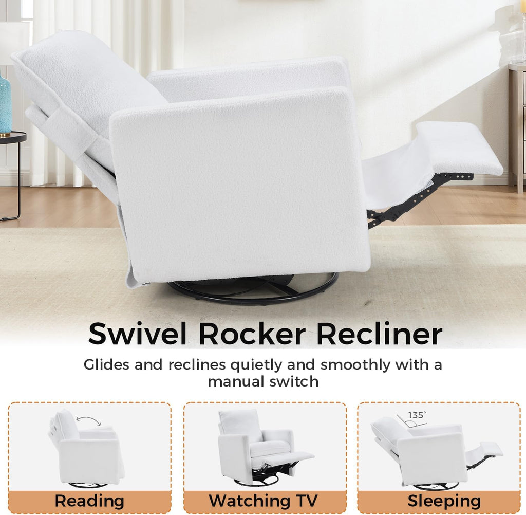 CANMOV Swivel Rocker Recliner Chair, Teddy Upholstered Nursery Glider Chair, Manual Reclining Chair with Two Removable Pillows for Living Room (White)