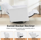 CANMOV Swivel Rocker Recliner Chair, Teddy Upholstered Nursery Glider Chair, Manual Reclining Chair with Two Removable Pillows for Living Room (White)