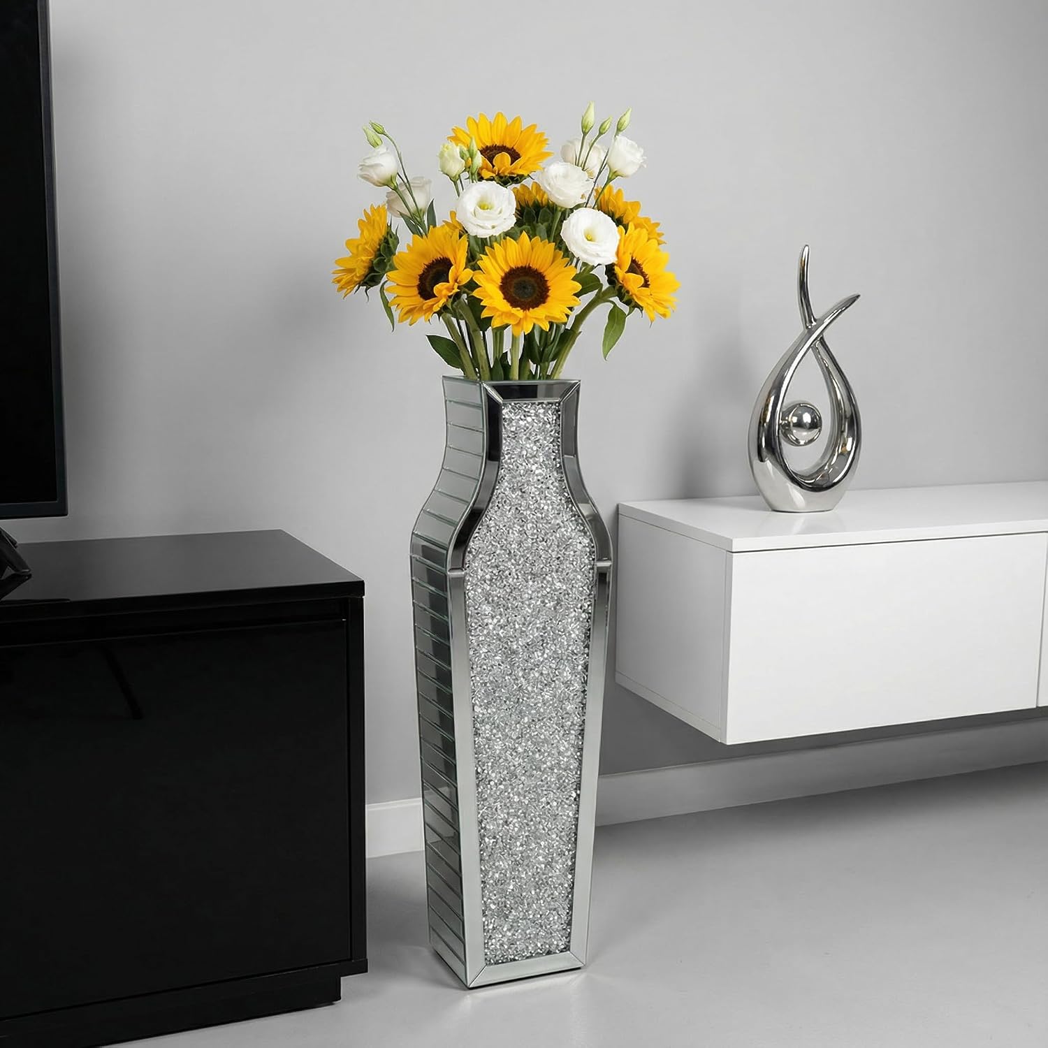 30" Large Double Sided Crushed Diamond Floor Vases,Tall Silver Mirrored Crystal Vase for Floor,Big Floor Vases Decorative Tall for Home,Office,Hotel(Silver,8.6" L x 5.3" W x 30" H)