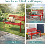 Heavy Duty Red Metal Patio Garden Bench for 2 – 50" Wide, 790 lbs Capacity – Weather Resistant – Geometric Backrest & Slatted Seat – Porch, Yard, Deck, Entryway – Red