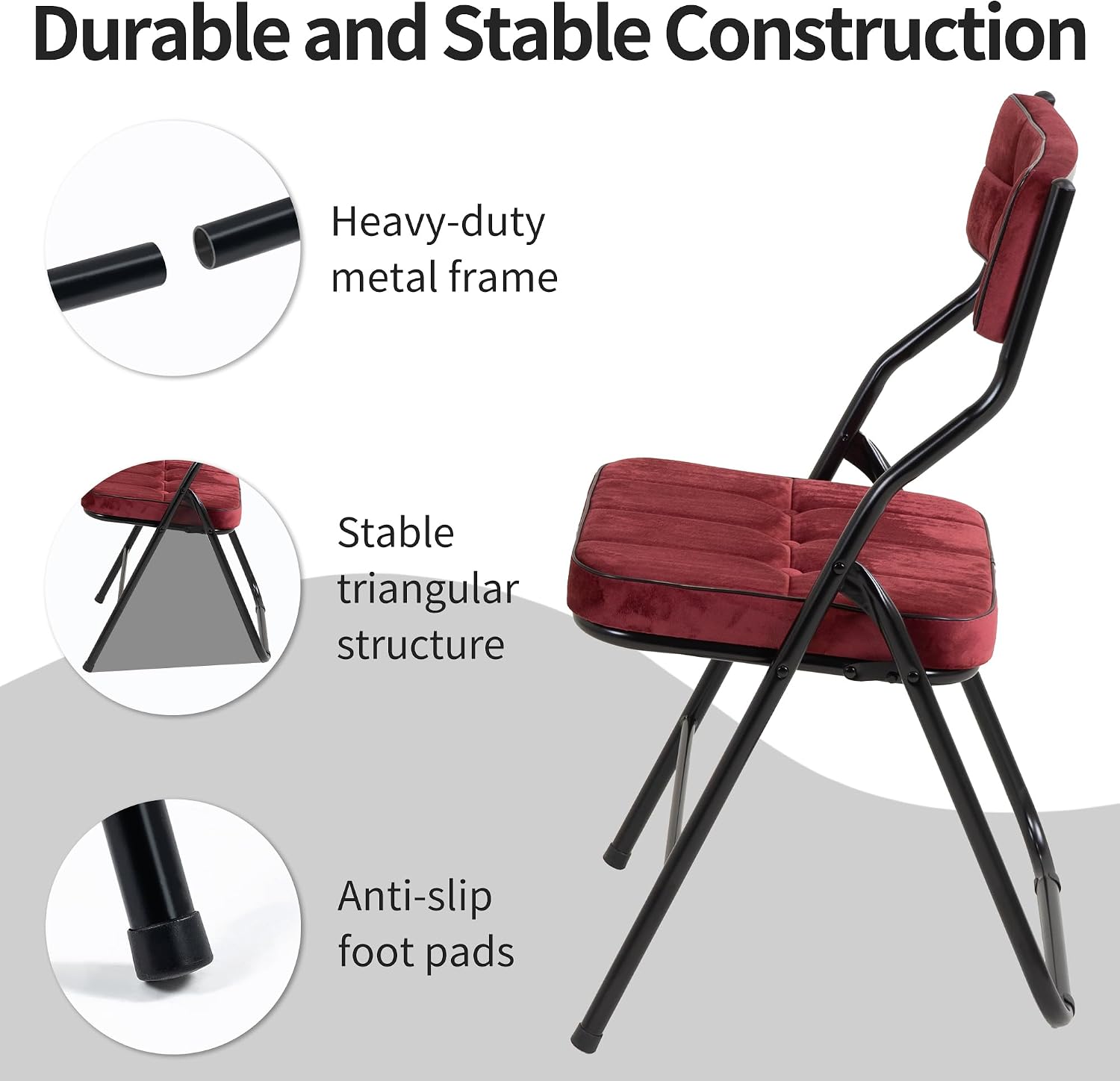 HOMEFUN Padded Folding Chairs 4 Pack - Foldable Dining Chair with Cushion, Portable and Assembled Extra Seat for Guests Kitchen Office Wedding Party Wine Red