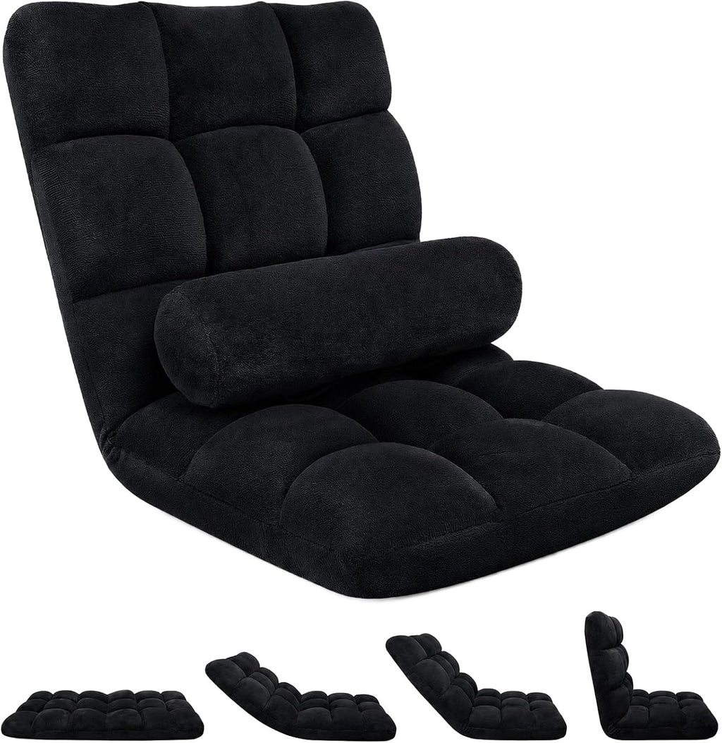HOPERAN Floor Chair with Back Support, 6-Poistion Adjustable Floor Gaming Chair for Adults, Padded Reclining Floor Chair, Folding Floor Chairs for Meditation, Sleeping, Reading, Gaming, Black