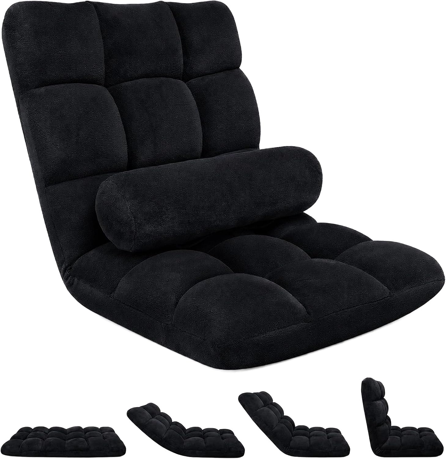HOPERAN Floor Chair with Back Support, 6-Poistion Adjustable Floor Gaming Chair for Adults, Padded Reclining Floor Chair, Folding Floor Chairs for Meditation, Sleeping, Reading, Gaming, Black