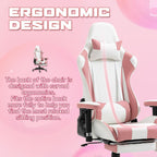 Massage Gaming Chair w/Footrest Video Racing Chair PC High Back Desk Computer Chair PU Leather Recliner w/Headrest and Lumbar Pillow, Pink-White