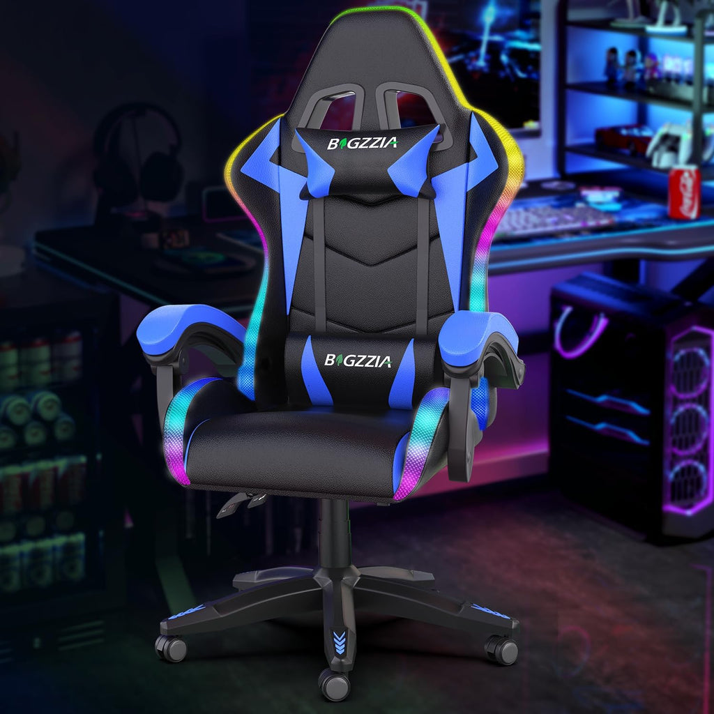 Bigzzia Gaming Chair with RGB LED Lights for Kids & Adults, High Back Ergonomic Computer Gamer Chair with Headrest and Lumbar Support, Racing Style Reclining Game Chair(Black/Blue)
