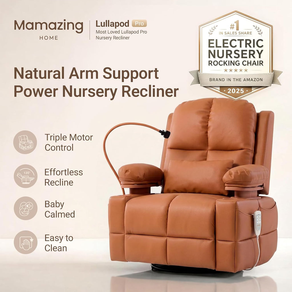 MAMAZING Lullapod Power Nursery Rocking Chair with HugAssist Armrest | Triple Motor Power Nursing Recliner with 270° Swivel Glider & Quiet Rocking, Dual Charging Ports & Built-In Storage