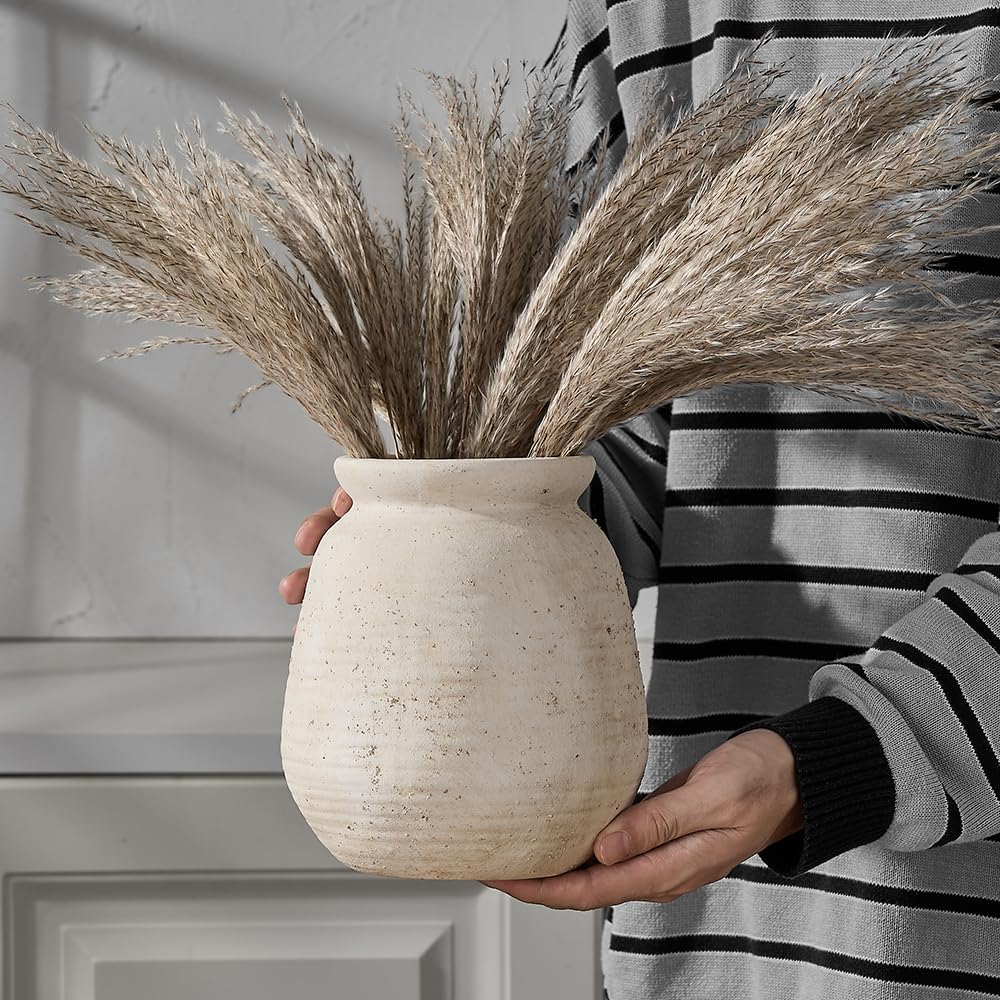 SIDUCAL Ceramic Rustic Farmhouse Vase | 7.3 Inch Pottery Decorative Flower for Home Decor | Sand Glaze Finish Boho Vase for Table, Living Room, Bathroom Decoration, Shelf Decor, Mantel, White