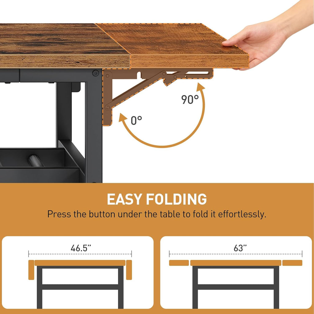 RALGEND 63" Extendable Dining Table for 4-6, Folding Kitchen Table with Drop Leaf, Farmhouse Dining Room Tables with Wine Rack, for Kitchen and Dining Room, Rustic Brown and Black