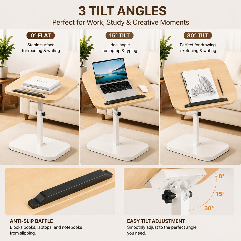 Adjustable C Table End Table, Height Adjustable 360° Swivel TV Tray Table for Small Spaces, Sofa Bedside Laptop Side Table that Slides Under Couch, Living Room & Bedroom (Natural Wood/White)
