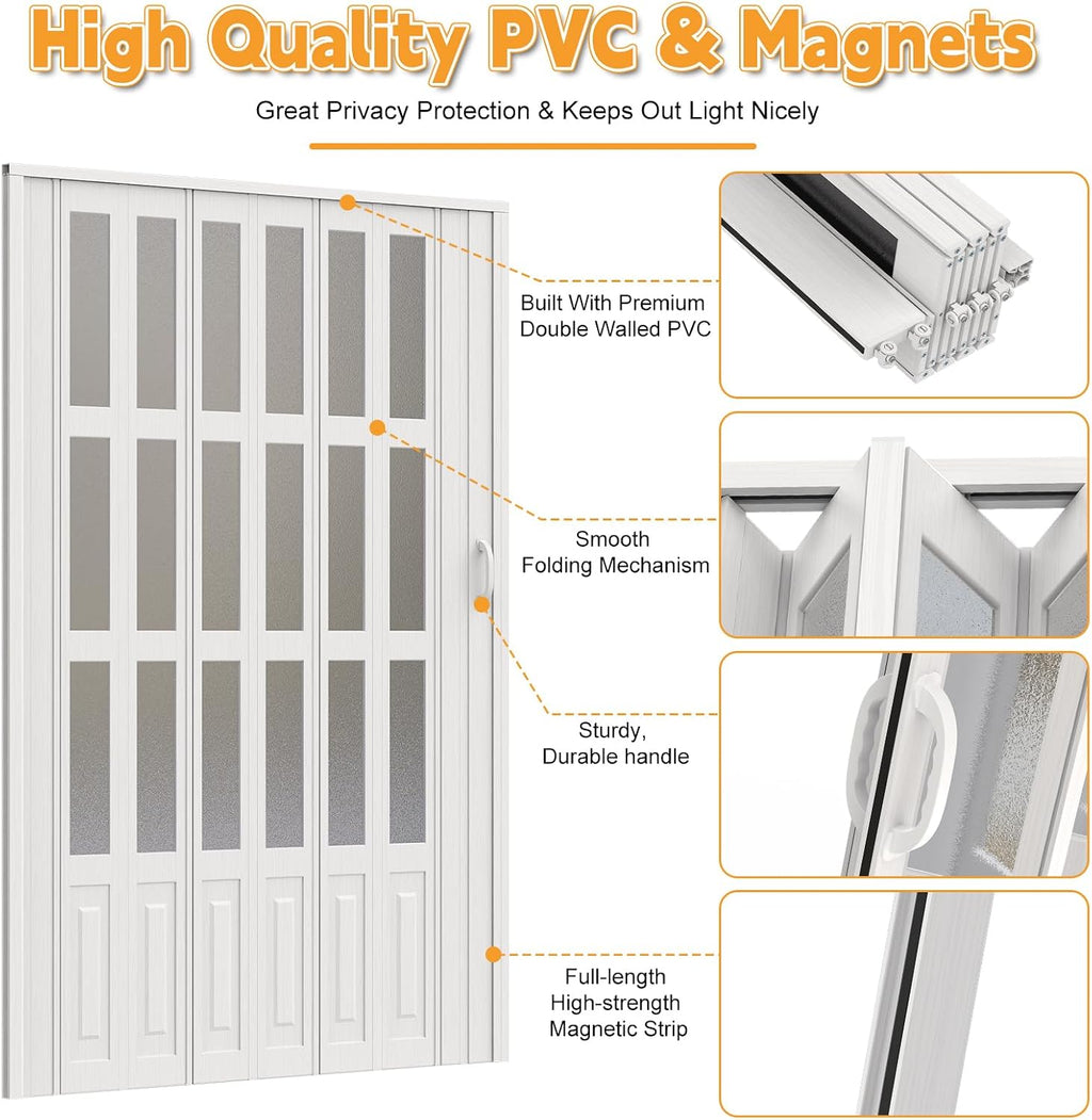 48X80in PVC Accordion Door with Latch&Handle&Hardware Kit, Double-Layer Thickened PVC Folding Interior Door with Frosted Glass - Blocks Views, Lets Light in, Utility&Room Divider (M)