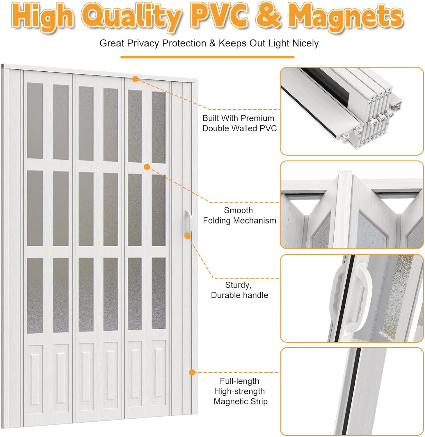 48X80in PVC Accordion Door with Latch&Handle&Hardware Kit, Double-Layer Thickened PVC Folding Interior Door with Frosted Glass - Blocks Views, Lets Light in, Utility&Room Divider (M)