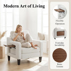 Accent Chairs Set of 2 for Living Room, Mid-Century Upholstered Armchair with Foldable Table & 2 Side Pockets, Modern Linen Wooden Sofa Chair for Bedroom & Reading Room, Beige