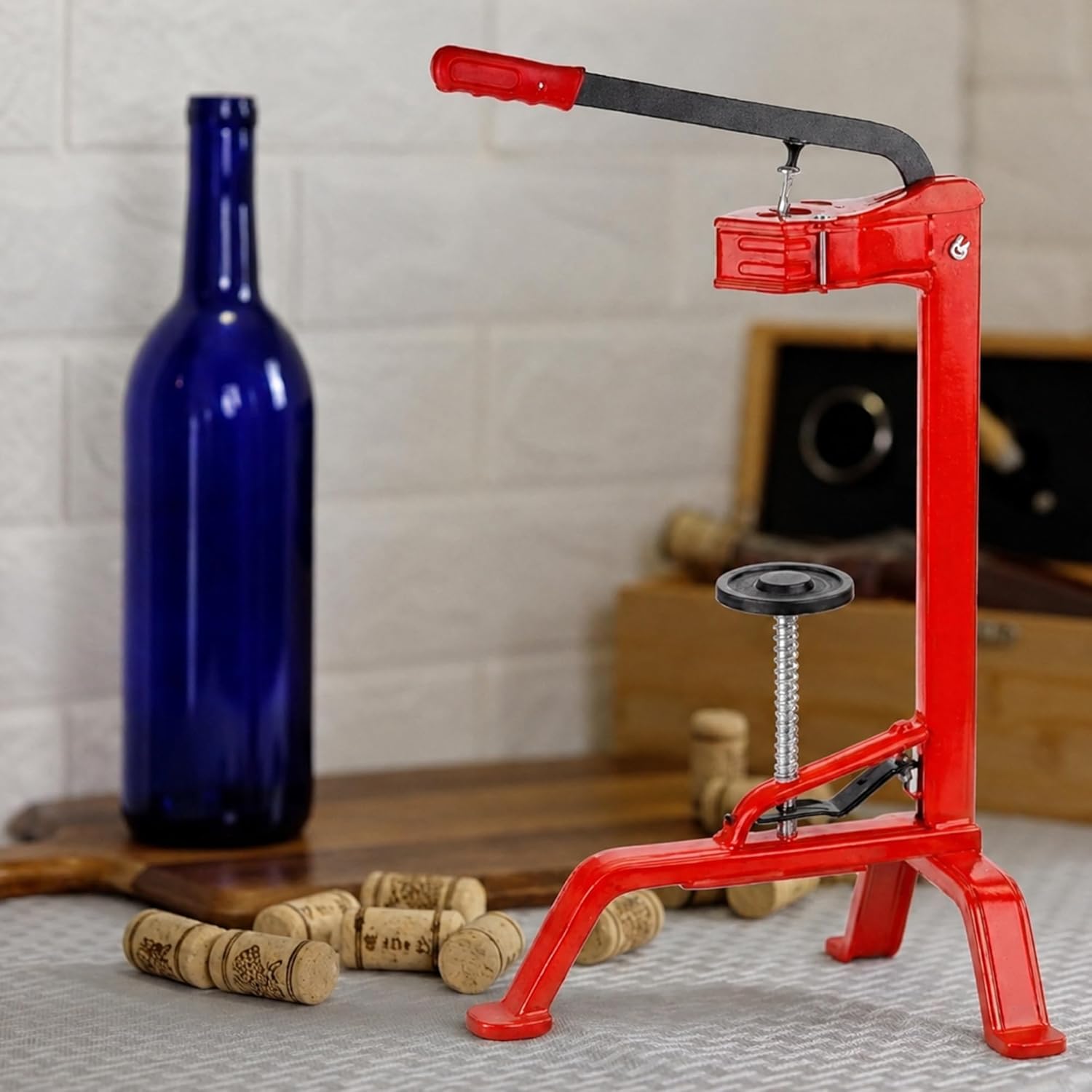 FastRack Portuguese Floor Corker – Wine Bottle Corker with Adjustable Plunger – Works with #7, #8 & #9 Wine Corks – Rolled Steel Construction w/ Molded Grip Handle