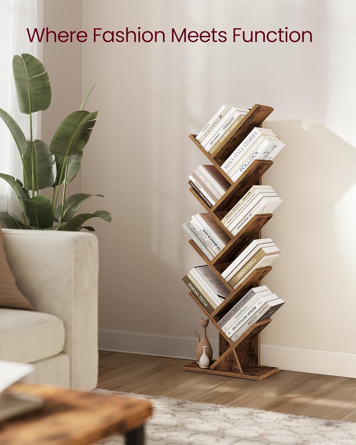 VASAGLE Custos Collection - Tree Bookshelf, Modern Bookcase, Floor Standing Book Shelf, for Bedroom, Living Room, Home Office, 7.9 x 15 x 45.4 Inches, Rustic Brown ULBC609K01