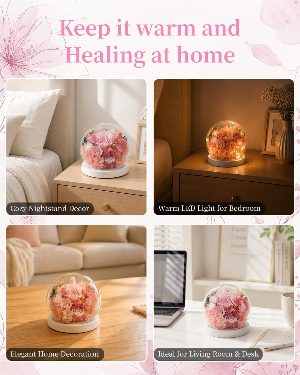 Forever Preserved Flowers Decoration in Clear Glass Dome, Long Lasting Flowers Gift for Her, Romantic Gift for Mother’s Day Valentine’s Day (Pink)