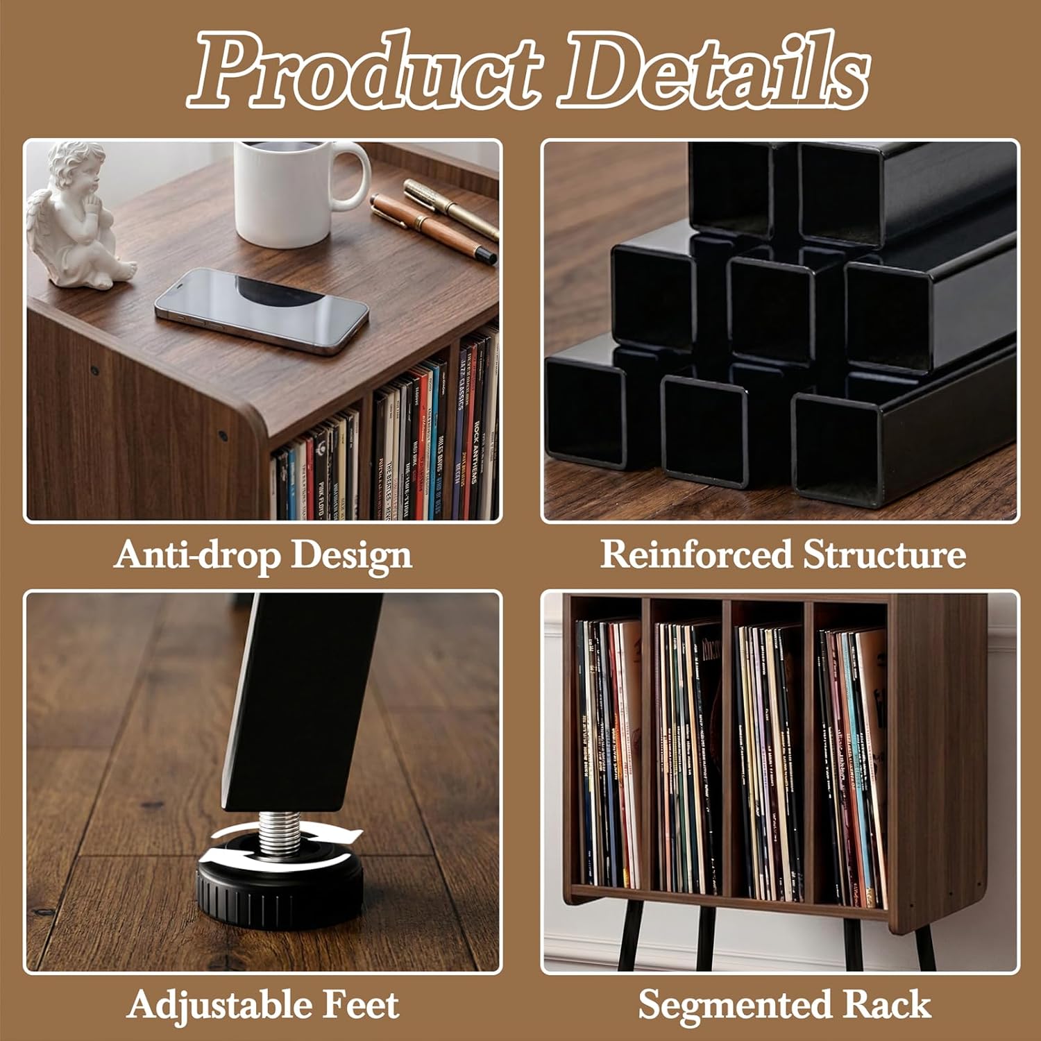 Faesun Record Player Stand, Record Table with 4 Cabinets Up to 100 Albums, Mid Century Modern Record Stand, Vinyl Record Storage for Living Room, Bedroom, Walnut