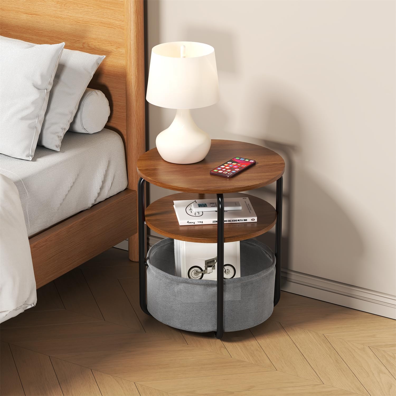 GarveeHome Small Side Table for Small Spaces with Storage Basket, Round End Table 3-Tier Nightstand 23.6" h Vintage Sofa Corner Table for Living Room, Bedroom, Patio Nursery, Bathroom