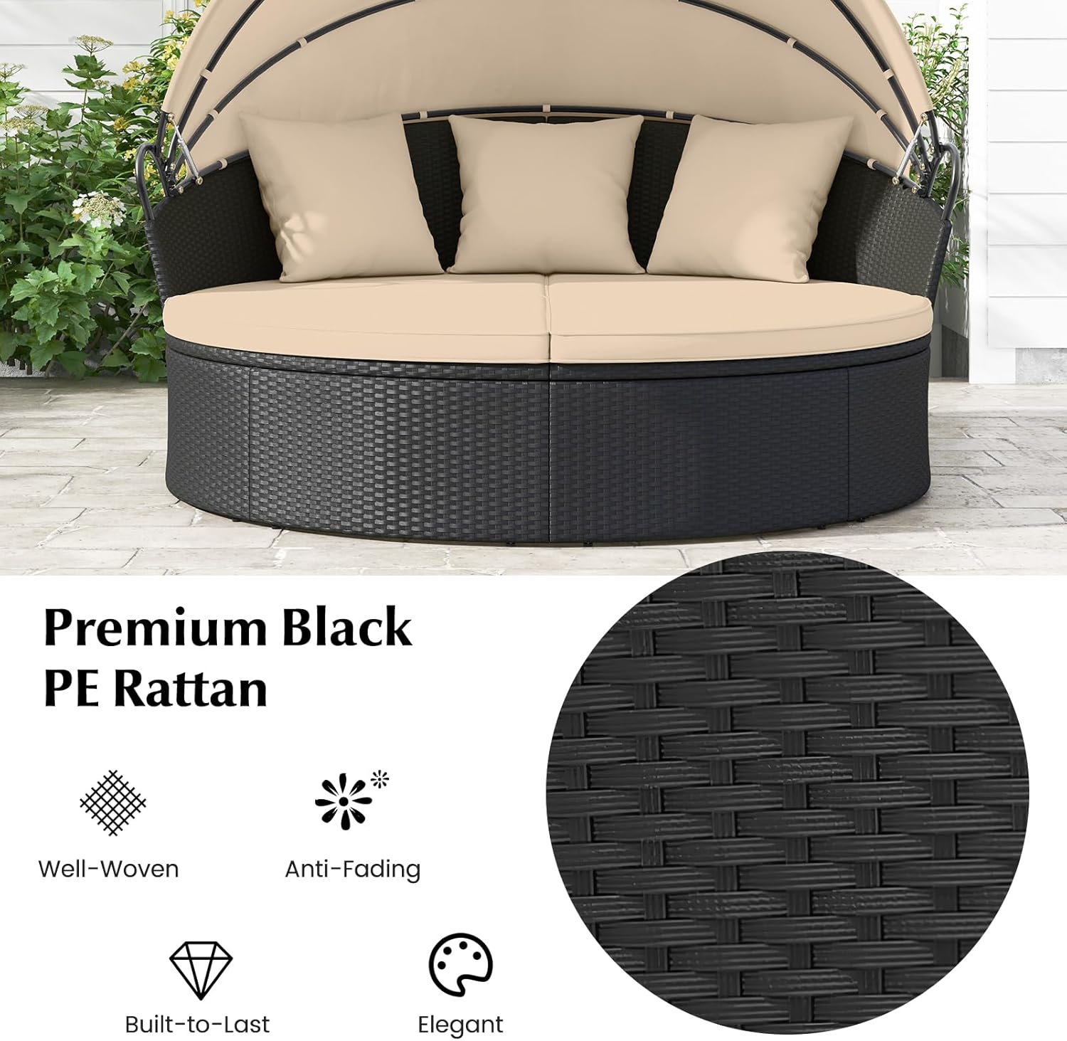 HAPPYGRILL Round Outdoor Daybed with Canopy, Wicker Rattan Sectional Sofa with Cushions, Patio Conversation Set for Lawn Garden Backyard Poolside (Black Beige No Table)