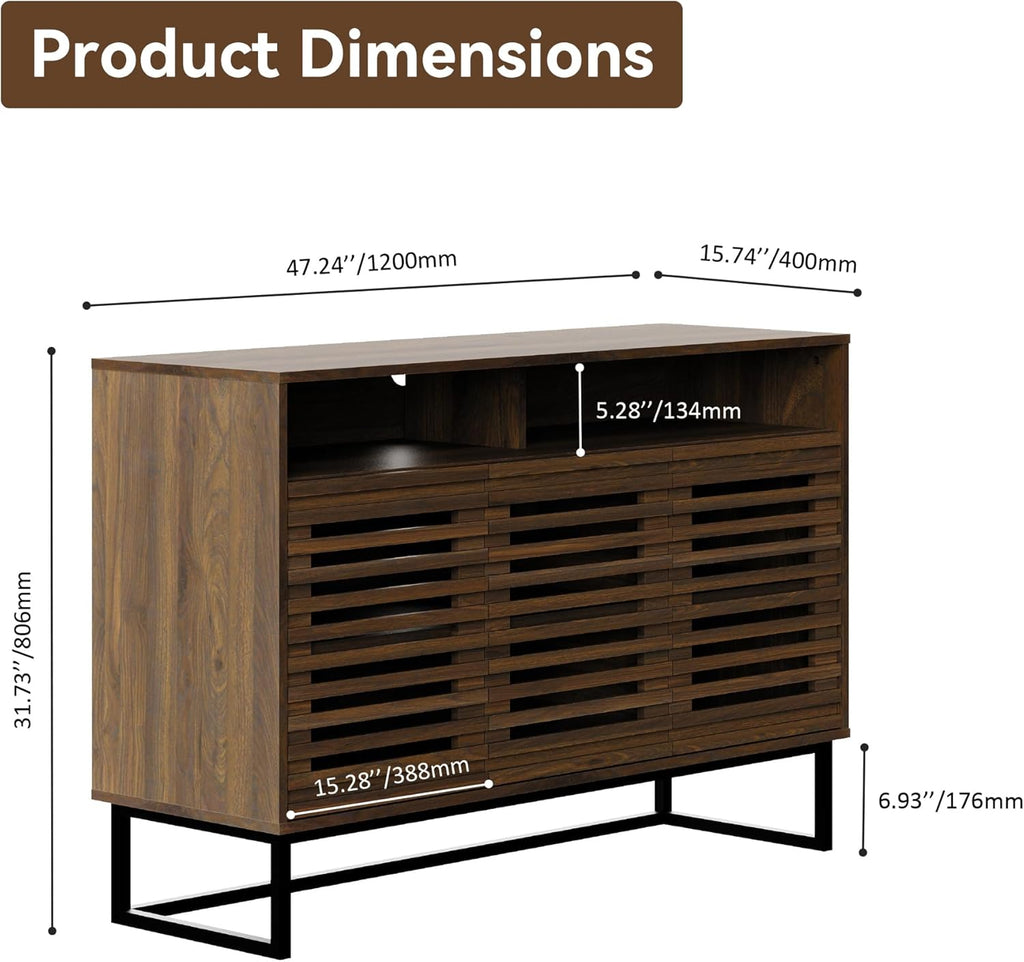 FENSULN Buffet Sideboard Cabinet Modern Storage Cabinet with Louvered Door and Adjustable Shelf for Kitchen, Coffee Bar, Living Room, Brown