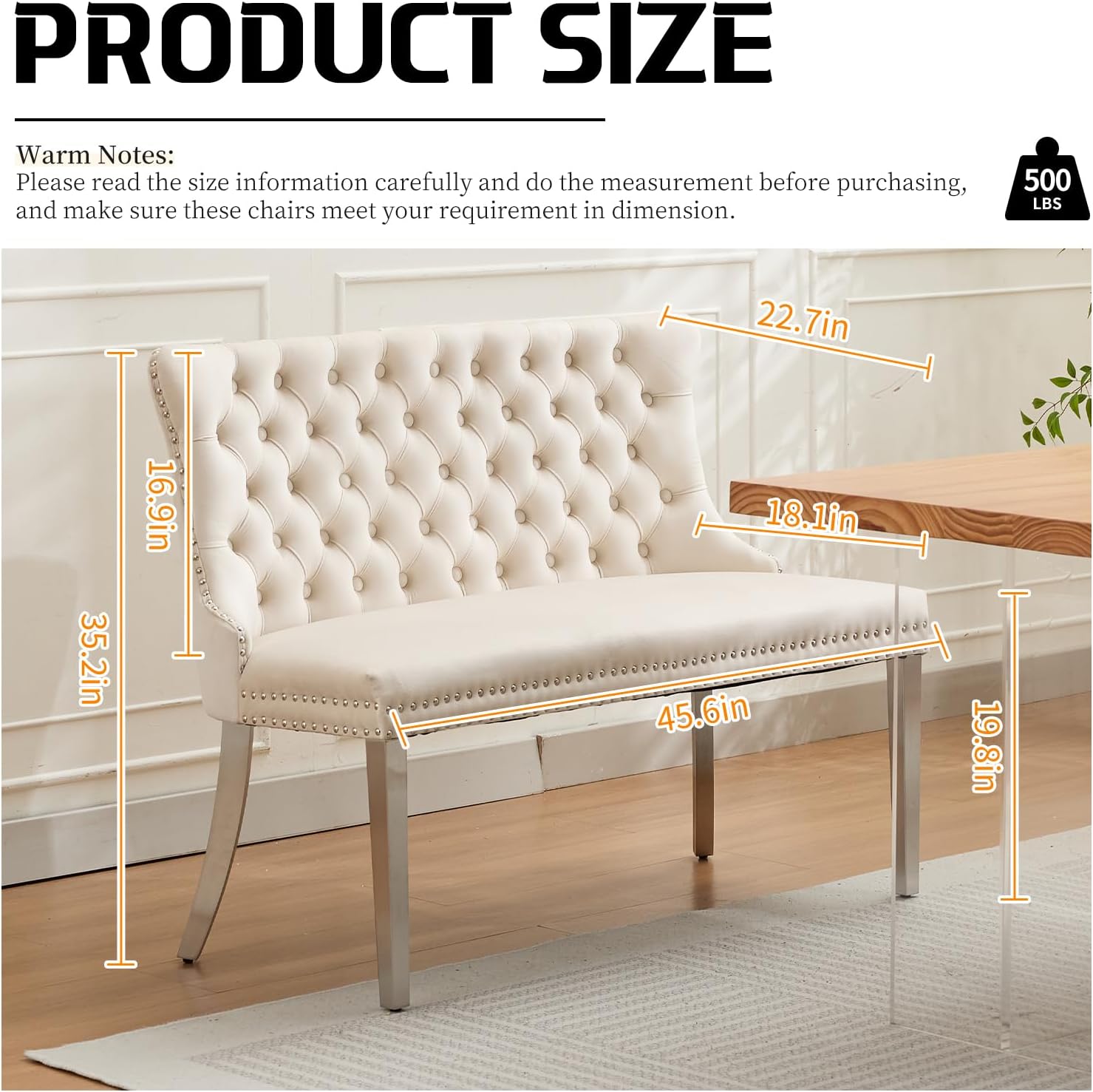 Shenyon Velvet Upholstered Dining Bench with Back, Tufted Loveseat Bench with Silver Stainless Steel Legs and Nailhead Trim, Banquette Seating for Dining Room, Kitchen, Entryway (Beige, Dining Bench)