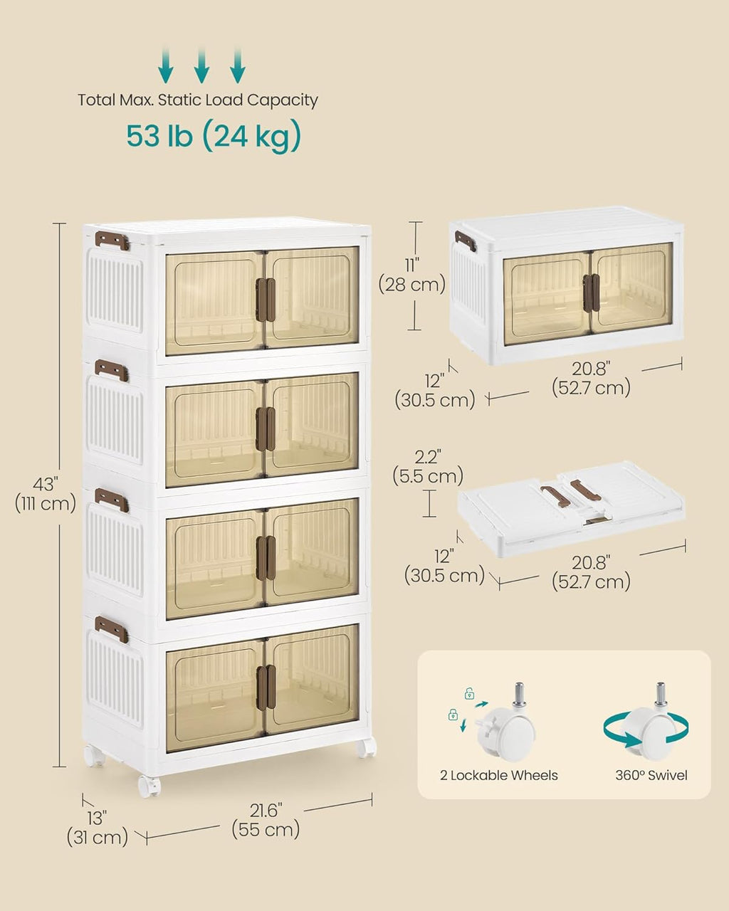 SONGMICS 48QT Plastic Storage Bins with 1 Lid, 4-Tier Stackable Bins with Doors and Wheels, Foldable Storage Boxes, for Closets, Bedroom, Living Room, Office, White URLB450WZ01