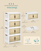 SONGMICS 48QT Plastic Storage Bins with 1 Lid, 4-Tier Stackable Bins with Doors and Wheels, Foldable Storage Boxes, for Closets, Bedroom, Living Room, Office, White URLB450WZ01