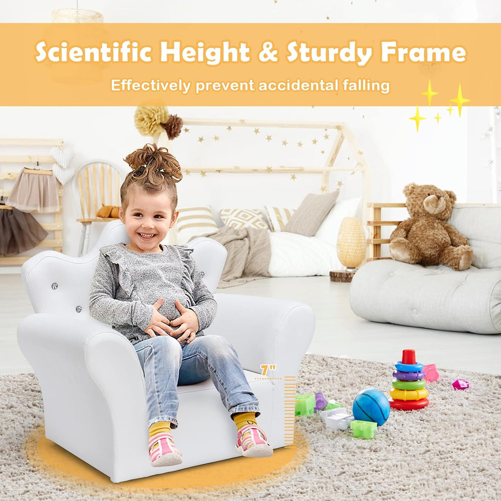 DREAMADE Kids Sofa with Ottoman, Crown-Like Kids Couch w/Comfy Armrests, Sturdy Wood Structure, PVC Leather Surface & Crystal Decoration, Toddler Chair with Footstool, Ideal for Princess 3-5 (White)