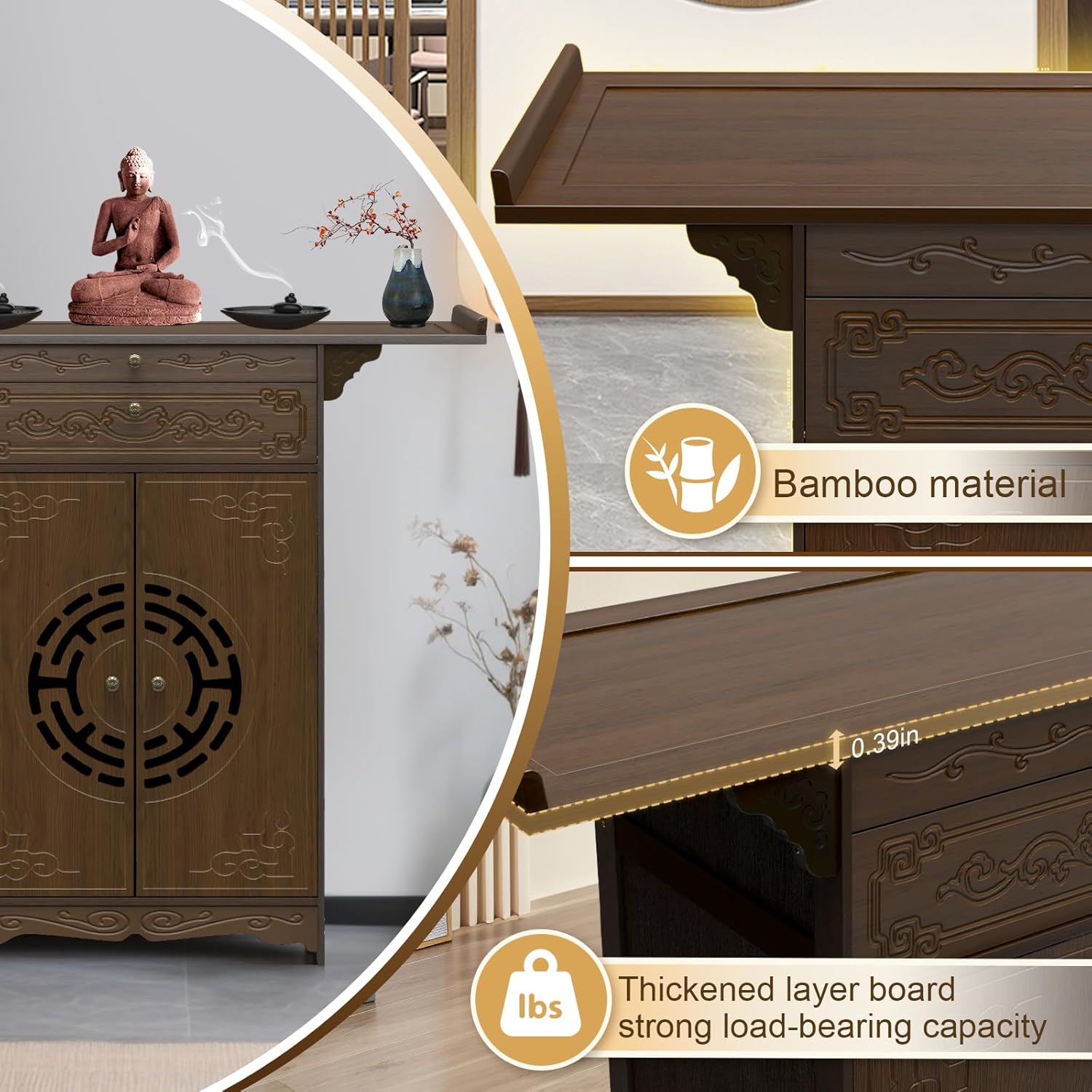 Altar Table with Storage for Meditation and Prayer, Bamboo Buddhist Chinese Altar Cabinet with Carved Corner Flowers, Zen Shrine Table for Floor, Meditation Table for Home Decor, Incense and Pray
