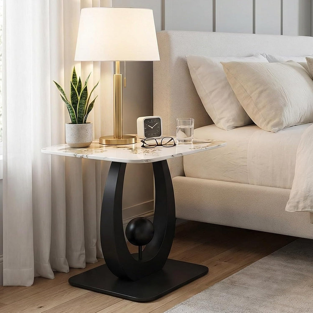 Modern Side Table with Sintered Stone Top, Small End Table with Open Storage Shelf Coffee Table Narrow Bedside Tables for Living Room, Bedroom, Couch, Nightstand(Black2,19.7"x19.7"x21.7")