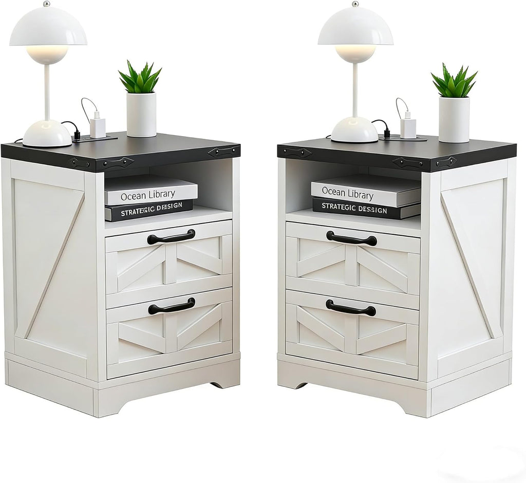 2Pcs Industrial Nightstand with Fast Charging Station, Bedside Table with 2 Drawers, 2 AC Outlets, USB & Type-C Ports, Farmhouse Style Wooden Sofa End Table for Bedroom