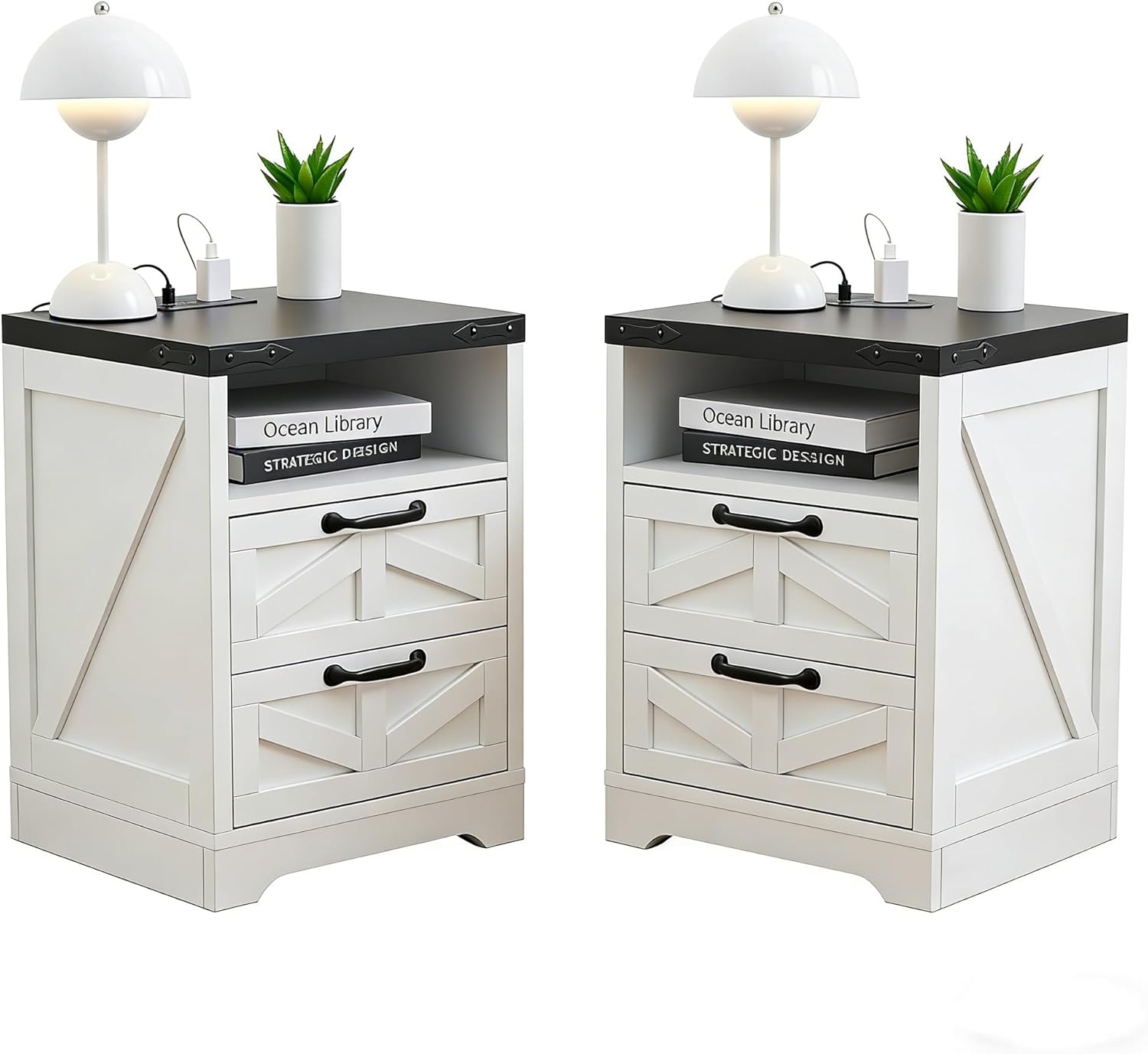 2Pcs Industrial Nightstand with Fast Charging Station, Bedside Table with 2 Drawers, 2 AC Outlets, USB & Type-C Ports, Farmhouse Style Wooden Sofa End Table for Bedroom