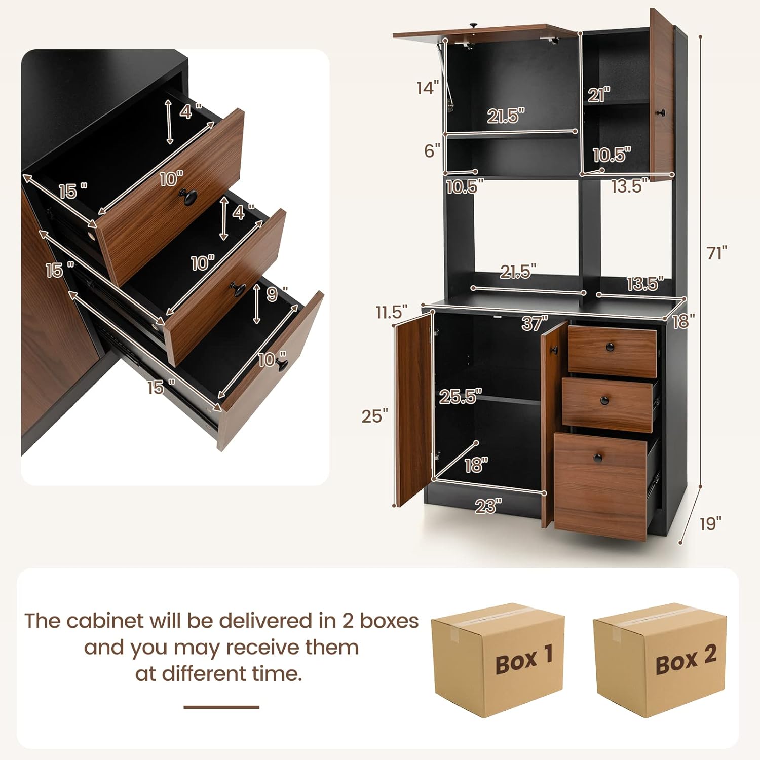PETSITE Kitchen Buffet Hutch Storage Cabinet, 71" Freestanding Pantry with 3 Cabinets & Drawers, Adjustable Shelves, Microwave Cupboard for Living Room, Dining Room (Walnut)
